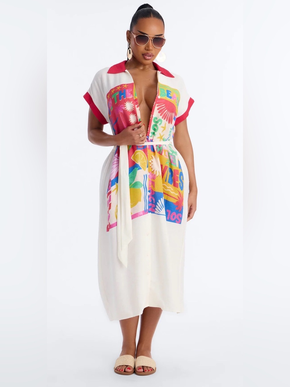 Women's Multicolor Graphic Button Down Shirt Dress - White with Bright Print